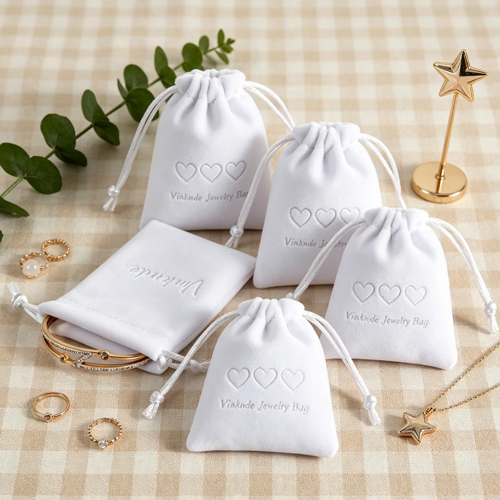 

100Pcs Bulk White Velvet Bags Jewelry Packaging Gift Pouches Custom Logo Makeup Earrings Rings Necklace Brooch Oil Organizer Bag