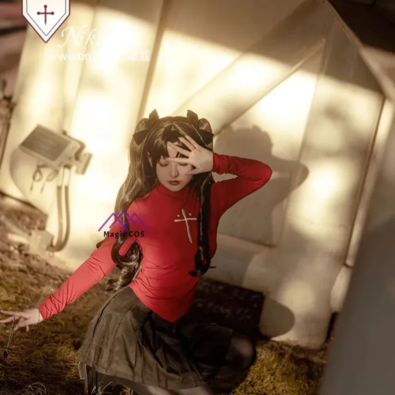 أنيمي مصير البقاء ليلة Tohsaka رين تأثيري حلي شعر مستعار طويل أحمر أسود تنورة مجموعة للنساء كرنفال البدلة لعب الأدوار فستان الهالوين