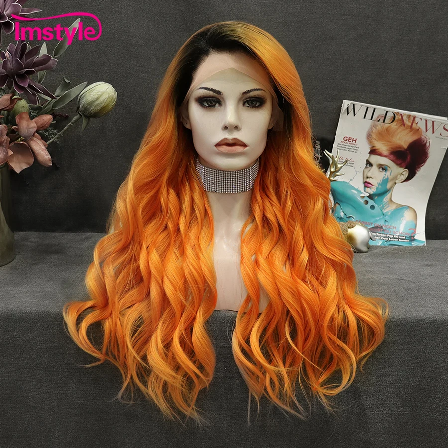 Imstyle Synthetic Lace Front Wig Orange Wig Long Natural Wavy Wigs For Women Heat Resistant Fiber Dark Root Cosplay Wig