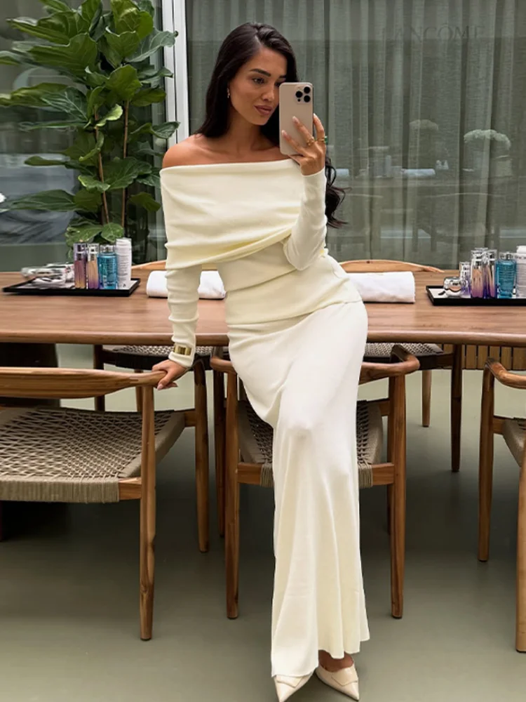 

Glamorous White Draped Neck Evening Gown Fashion Off Shoulder Long Sleeve Bodycon Maxi Dress 2026 New Lady Bodycon Party Outfit