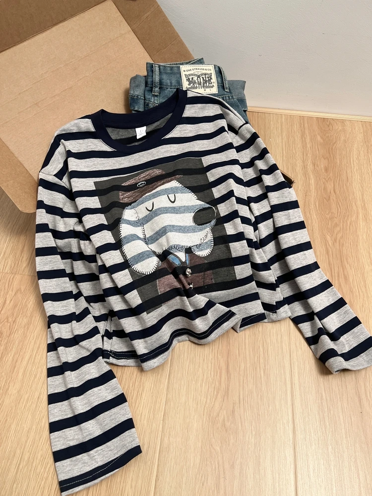 

Slimming Large Size Faionable Striped Dog Long Sve T-irt Women's Spring Season Sli Base Layer Top Korean Sle Com...