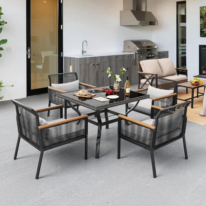 

Outdoor Wicker Furniture Dining Chairs, All-Weather Rattan Conversation Chairs with Wood Armrest and Soft Cushions for Backyard