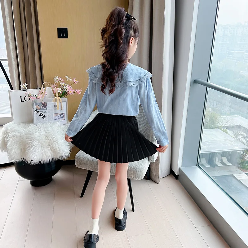 New Girls Blue Beige Blouse Fall Cute Long Sleeves Children Cotton Shirts Girl Blouses Teenager School Clothes Kids Tops 6 8 10Y