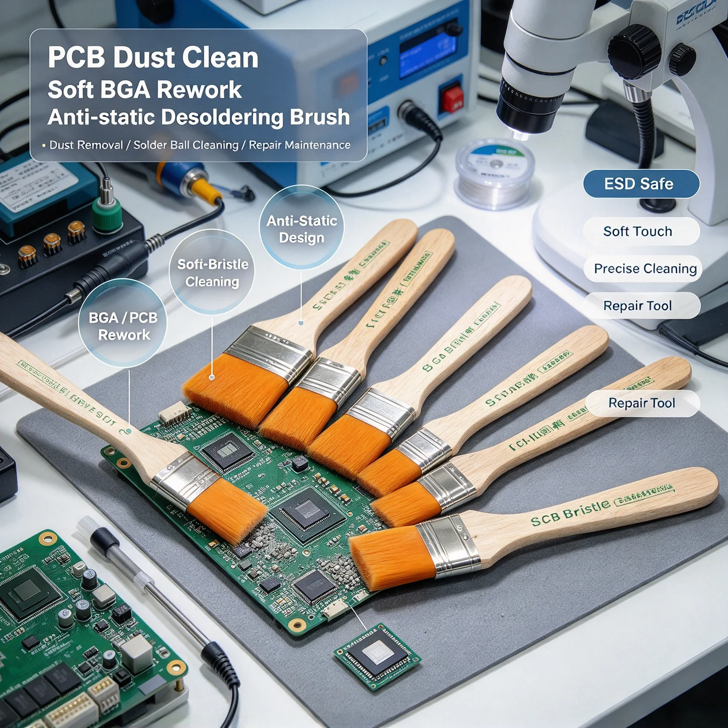 PCB Dust Clean Soft BGA Rework Anti-static Desoldering Brush Yellow Nylon Brush IC Circuit Board Cleaning Tool