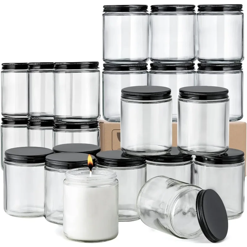 24 pacotes, frascos de vidro grossos de 8 oz com tampas de metal, frascos redondos transparentes para fazer velas, recipientes vazios de armazenamento de alimentos