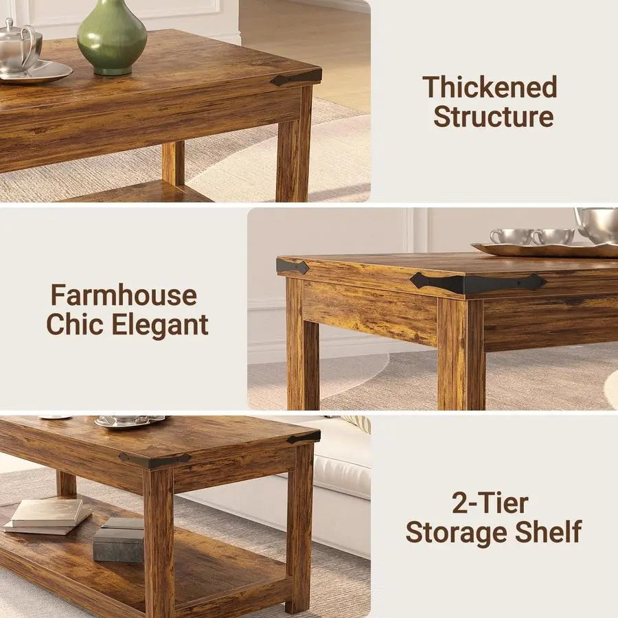 Coffee Table with Storage Shelf, 43.3 Farmhouse Wood Coffee Tables for Living Room, Modern Center Tea Table, Rustic Brown