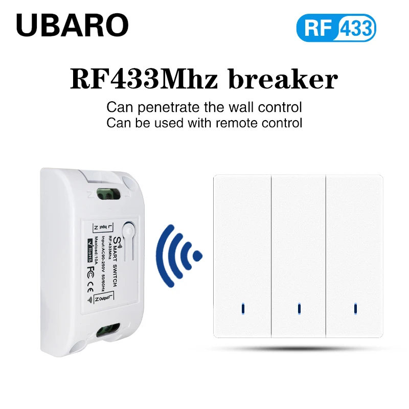UBARO 433Mhz RF Wireless Remote Switch Module Breaker For Light On/Off  Plastic Panel Led Indicator Controller  Ac90-250V 10A