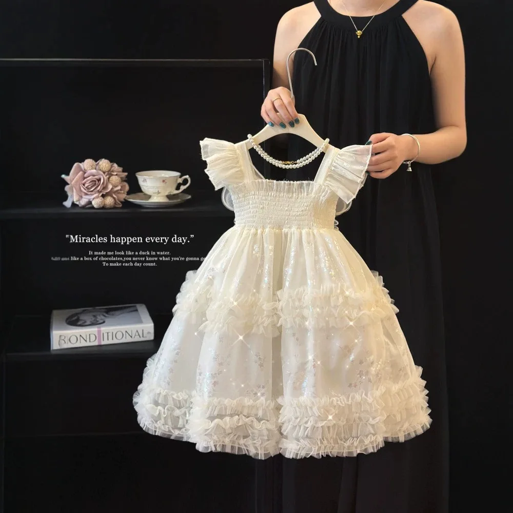 2026 Summer Girls Cami Dress, Flutter Sleeve Sleeveless Tutu Gown, Butterfly Layered Mesh Cake Skirt  for 100-150cm