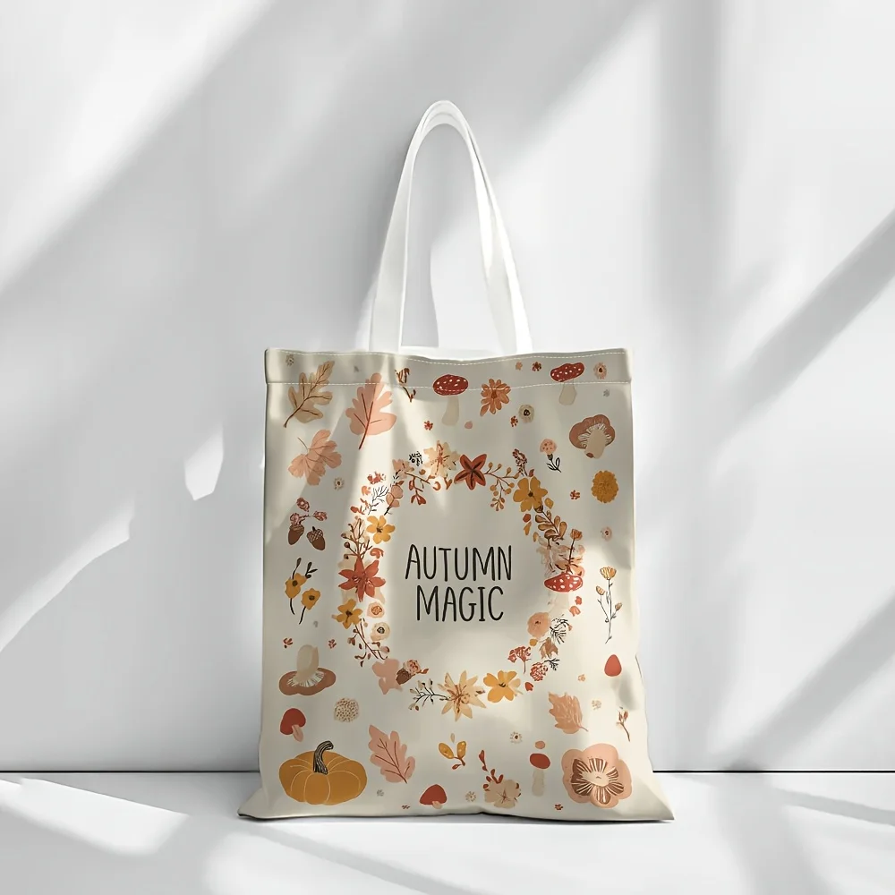 Autumn Magic Canvas Tote Bag Fall Leaf Mushroom Pumpkin Wreath Print Reusable Shopping Shoulder Bag For Women Daily Use
