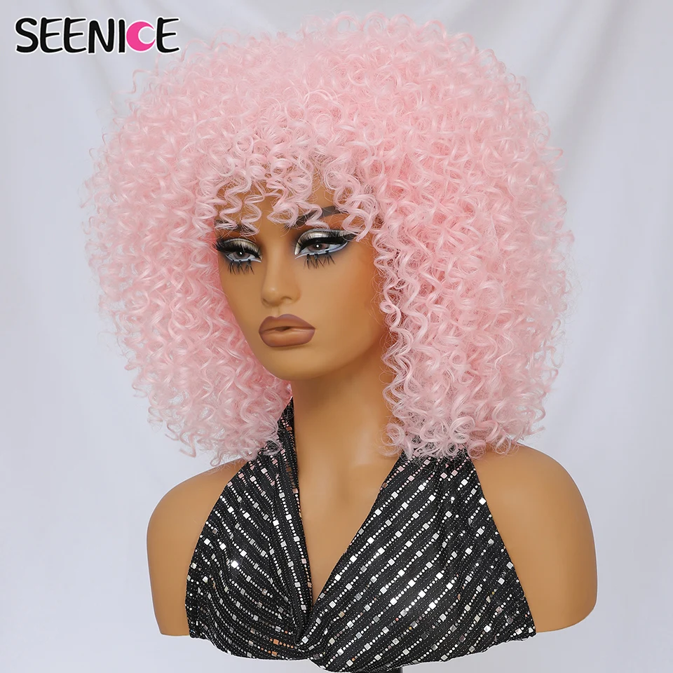 

Ombre Honey Pink Short Curly Wig With Bangs Afro Kinky Curly Wigs for Women Synthetic Fiber Fluffy Curly Wig for Daily Cosplay