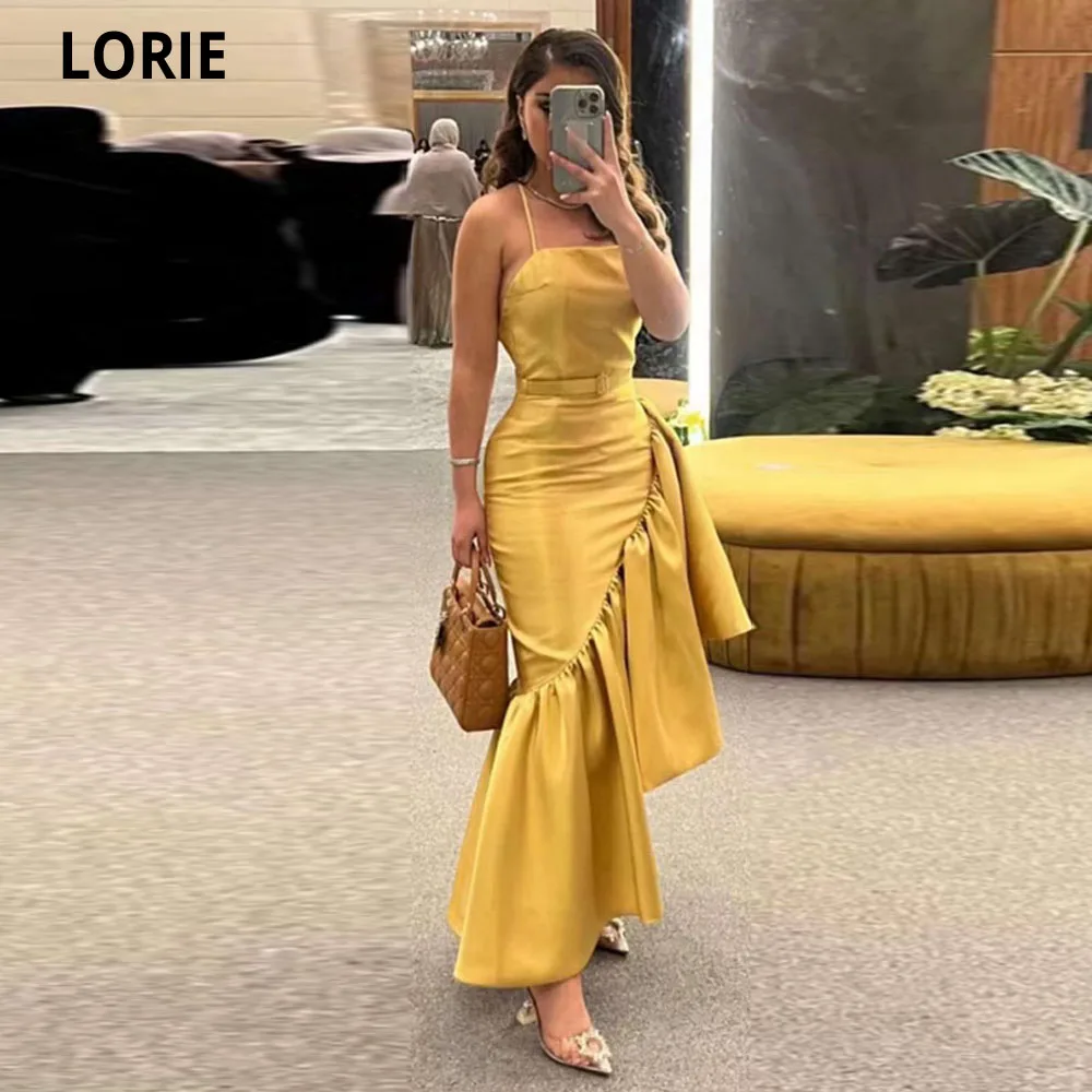 

LORIE Yellow Spaghetti Straps Mermaid Prom Dresses With Sash Off The Shoulder Ruched Satin Evening Dresses Vestido De Noche