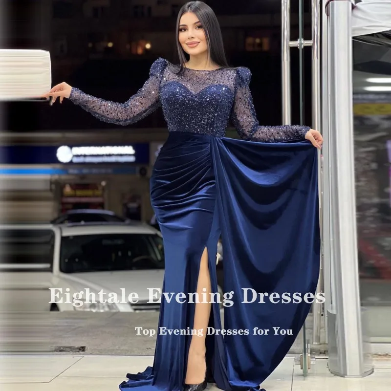 Eightale Arabia Saudí vestidos De noche lentejuelas personalizado mangas largas terciopelo sirena graduación vestidos De fiesta De boda batas De Soirée