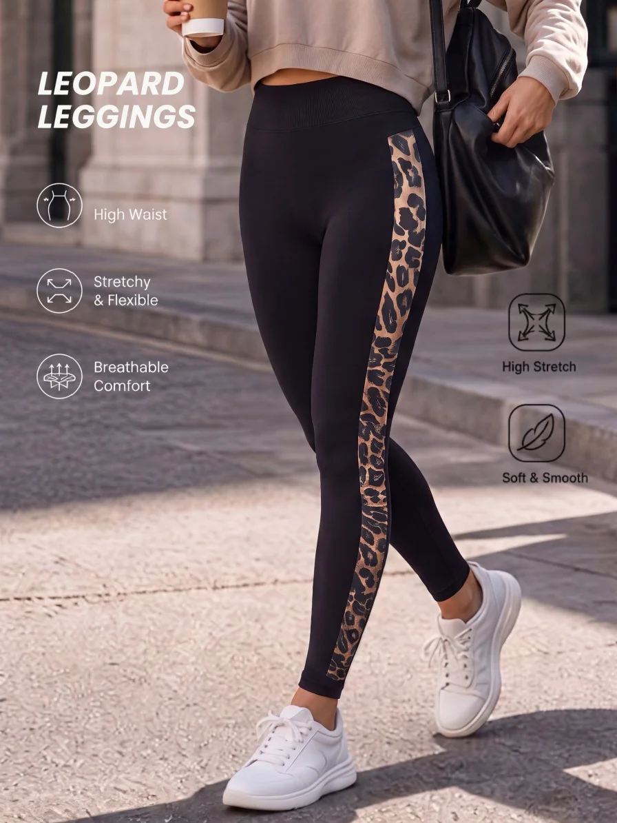 1er-Pack Yoga-Hose mit Leopardenmuster an der Seite, hoher Taille, dehnbar, atmungsaktiv, schmal geschnitten, Sport-Leggings für Workout, Laufen, Streetwear – Detail 4