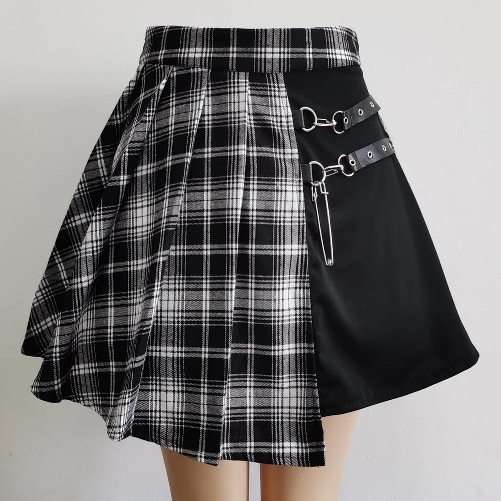 Mulheres Harajuku Gothic Mini Skirt, Cintura Alta, Plissada, Linha A, Cinto, Preto, Punk, Kpop, Y2k, Streetwear, Meninas, Outfits