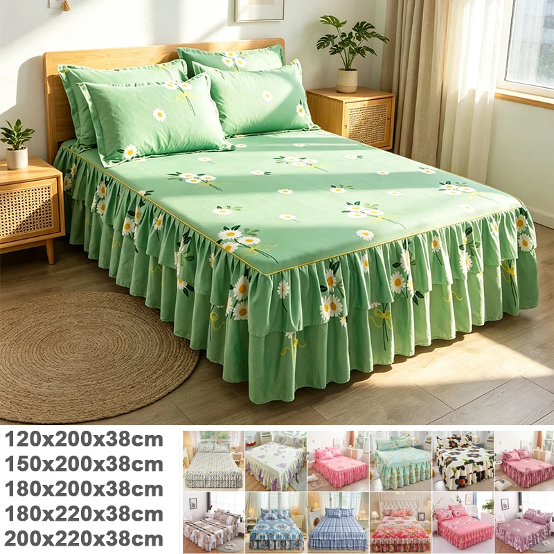 1PC Floral Print Bed Skirt with Ruffle Elastic Wrap Around Dust Ruffle Bed Cover Stylish Bedroom Decor for Twin Double Queen Bed