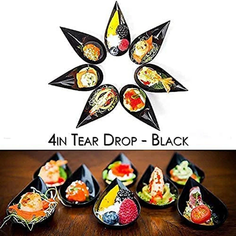 100 Tear Drop Mini Appetizer Plates - Mini Dessert Plates Tasting Spoons Plastic Mini Spoons Dessert Spoon Bowls, Black
