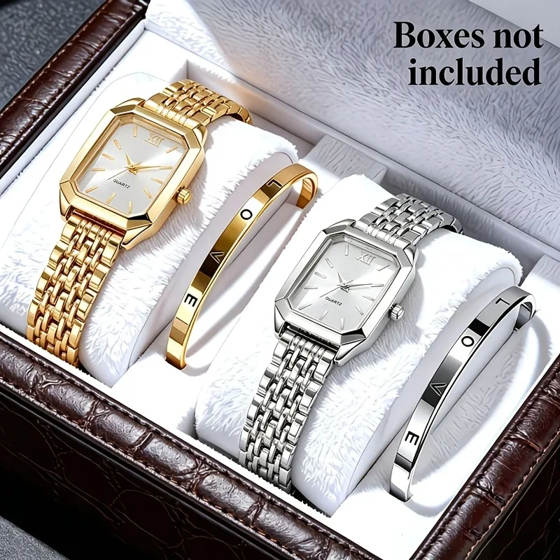 4Pcs/Set Women’s Square Watch Bracelet Set, Stainless Steel Strap Zinc Alloy Case, Holiday Gift For Various Occasions