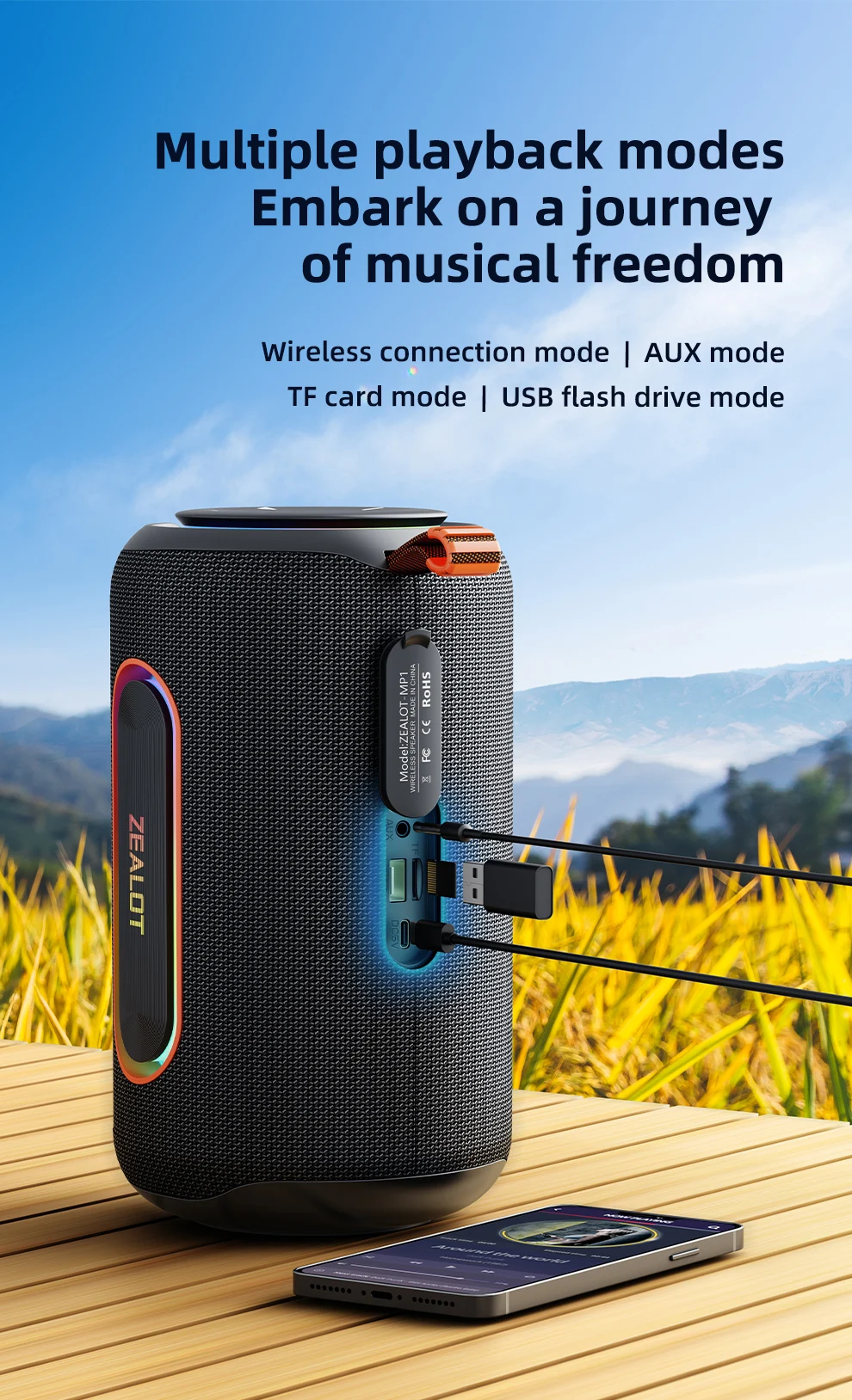 ZEALOT-MP1 Bluetooth-Lautsprecher für den Außenbereich, 60 W Ausgangsleistung, Bluetooth 5.3-Lautsprecher, Stereo-Sound, IPX6 wasserdicht, Micro-SD-Karte, RGB-Licht – Detail 11