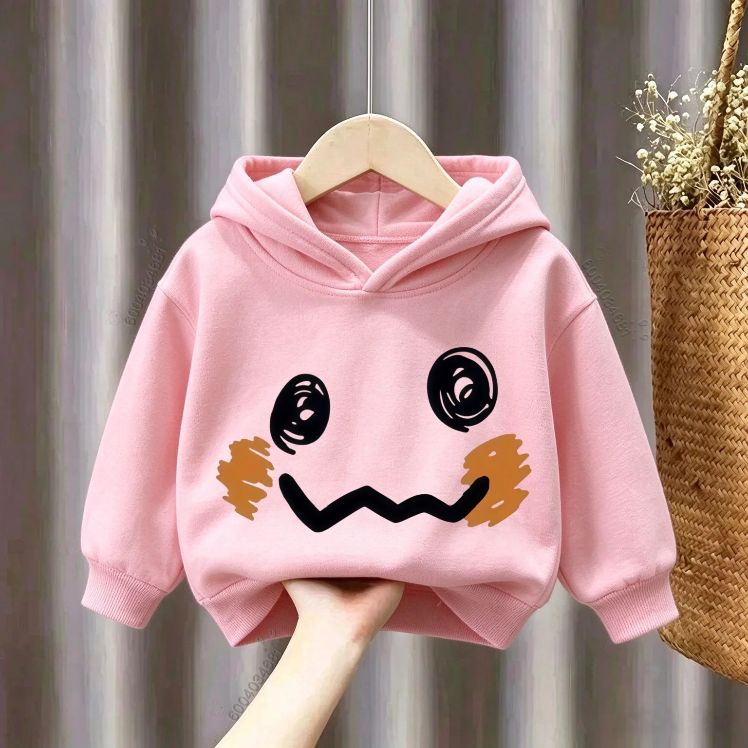 Kids Hoodie Cute Doodle Smiley Face Print Long Sleeve Pullover Sweatshirt Soft Breathable Autumn Winter Casual Hooded Tops