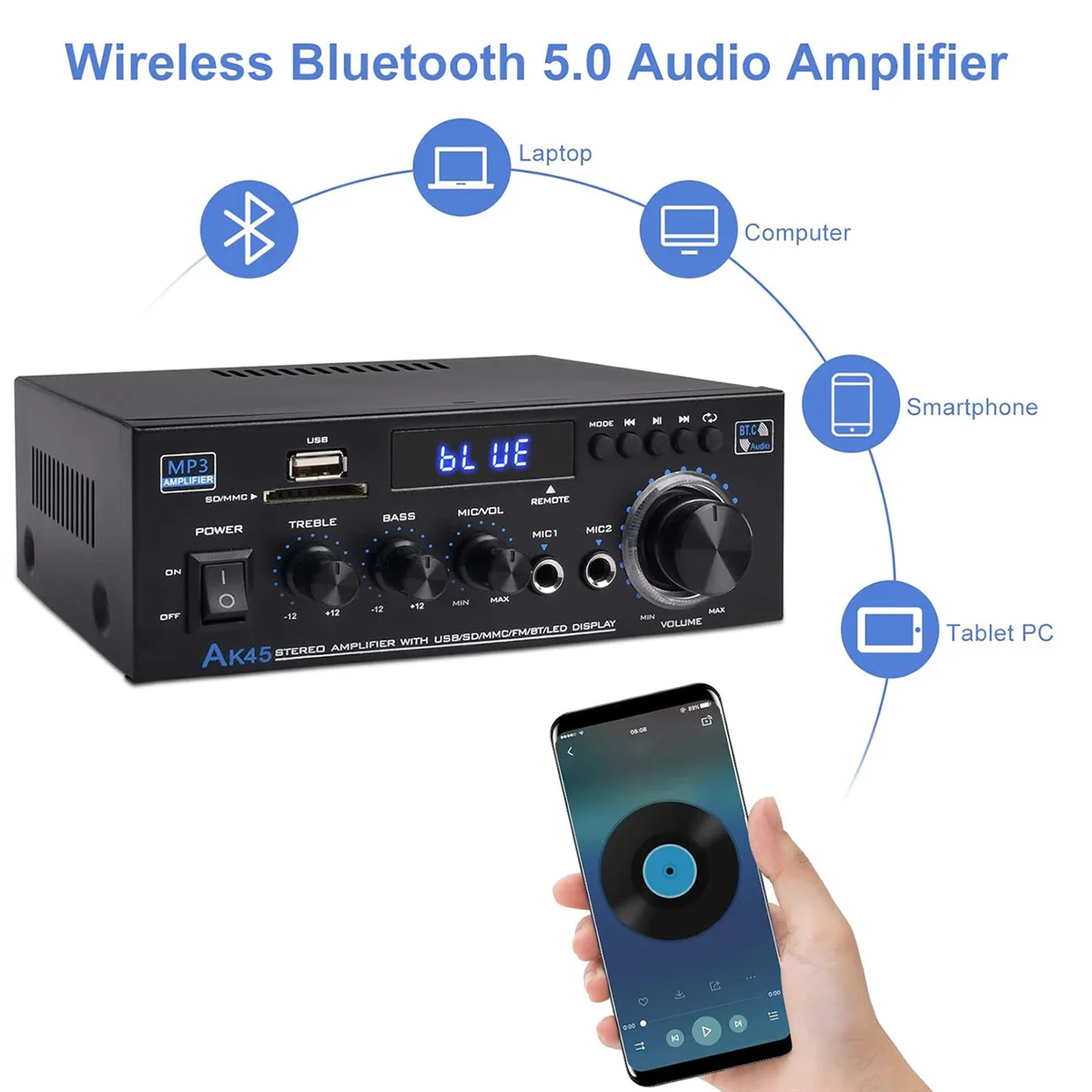 Receptor amplificador de audio estéreo, altavoz de sonido Bluetooth 5,0, amplificador de radio FM, sistema estéreo de audio para cine en casa, enchufe del Reino Unido