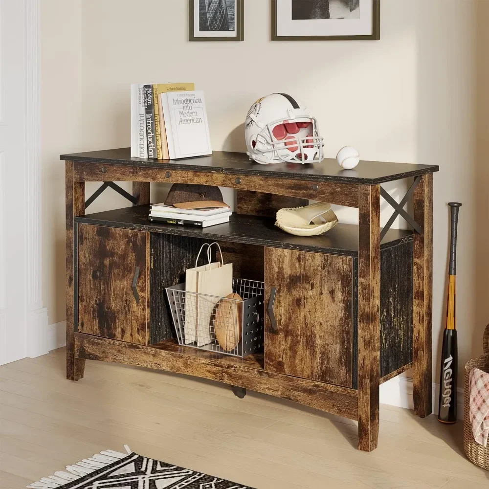 Bar Cabinet, Farmhouse Coffee Bar Sideboard with LED Lights, Industrial Sideboard Buffet Cabinet with Storage, Rustic Brown