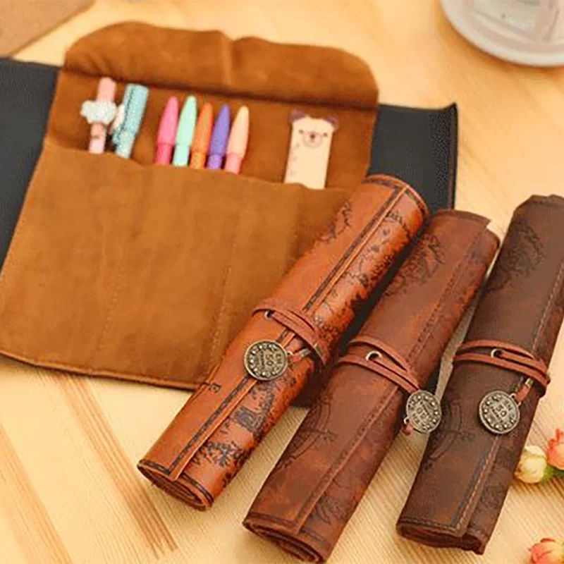 1 pièce Trousse à crayons en cuir marron foncé, Organisateur enroulable vintage, Étui portable pour papeterie