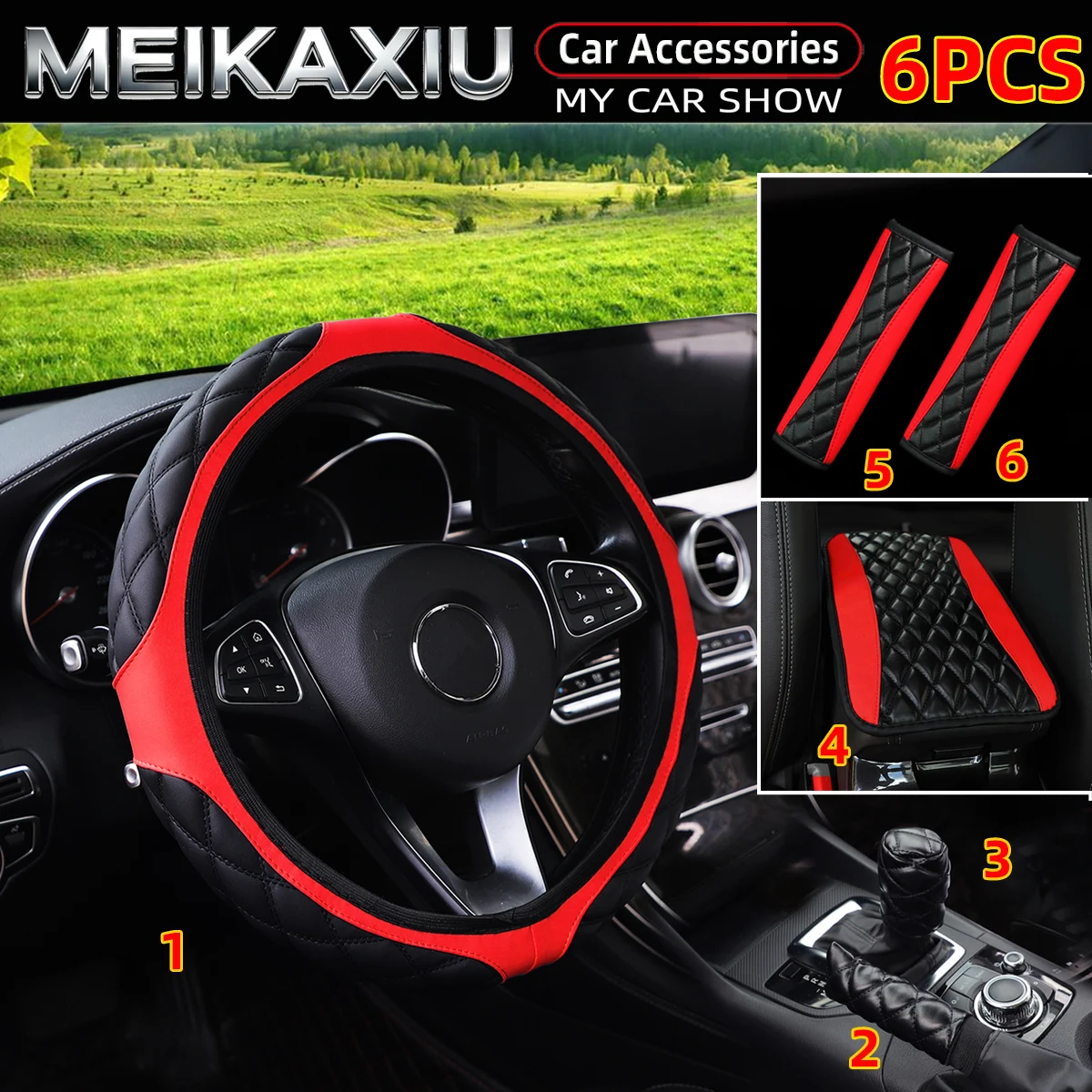 6 PCS set NEW PU leather car rimless steering wheel cover with shoulder guard, handbrake cover, gearshift cover,  armrest pad