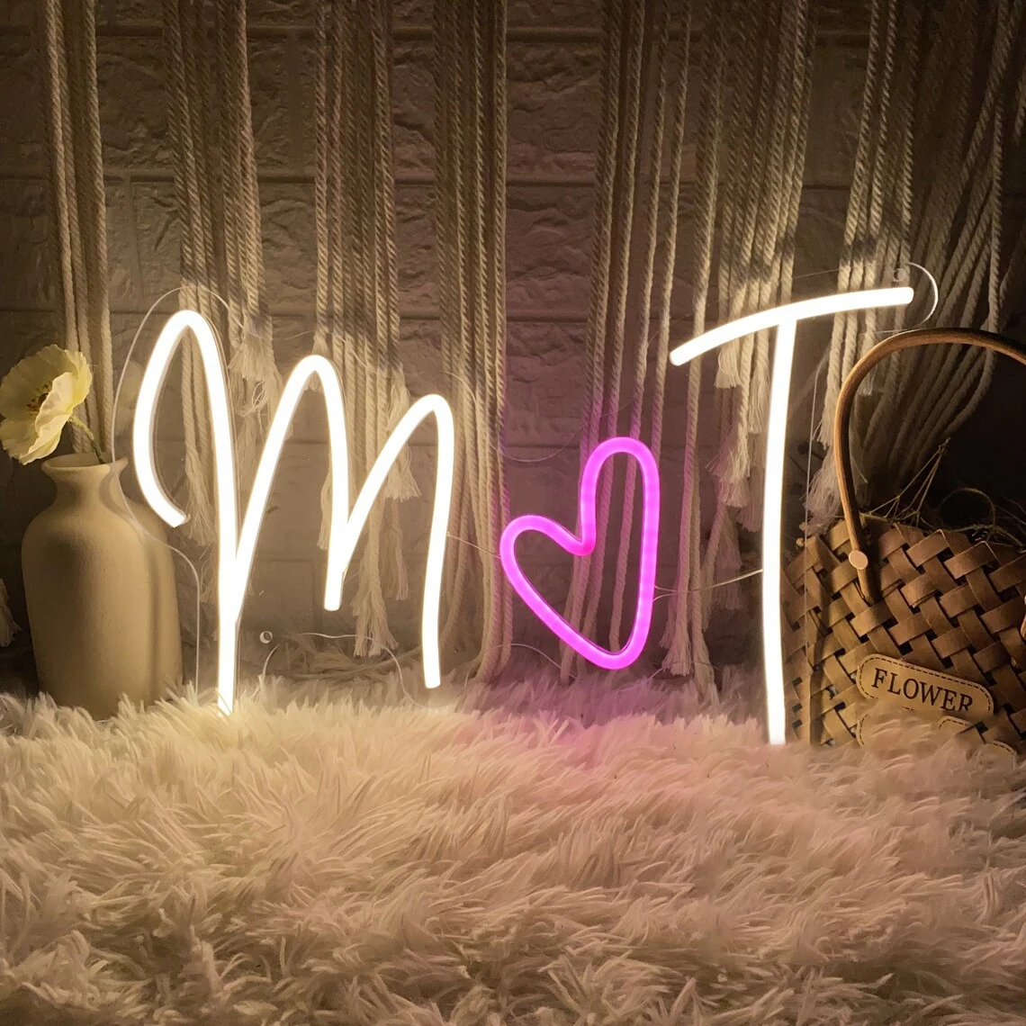 Custom Initials With Heart Neon Sign Personalized Last Name Neon Minimalist Wedding Backdrop Wall Art Decor Gift For Couple