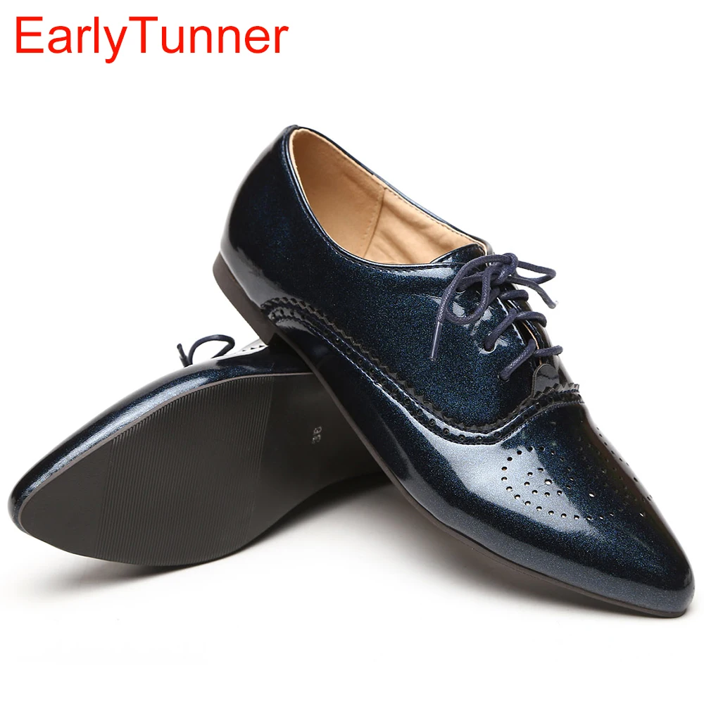 Brand New Fashion Women Glossy Oxfords Black Blue White Female Brogue Shoes Low Heels ASP51-5 Plus Big Size 32 43 10