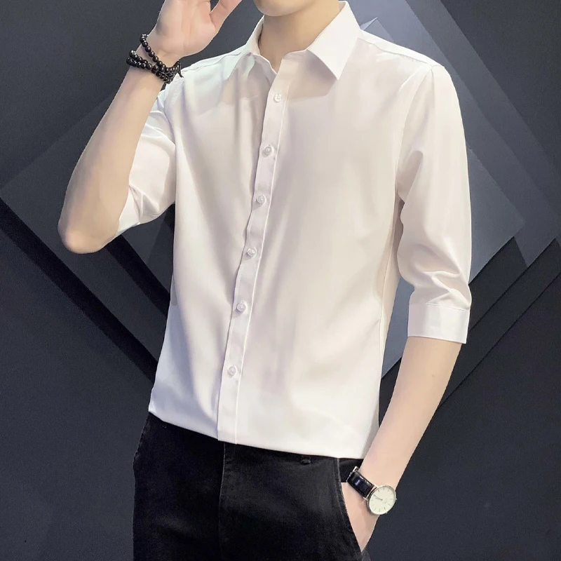 Temperament Office Solid Turn-down Collar Short Sleeve Shirts Button Fashion Business Casual Spring Summer Thin Men\'s Clothing