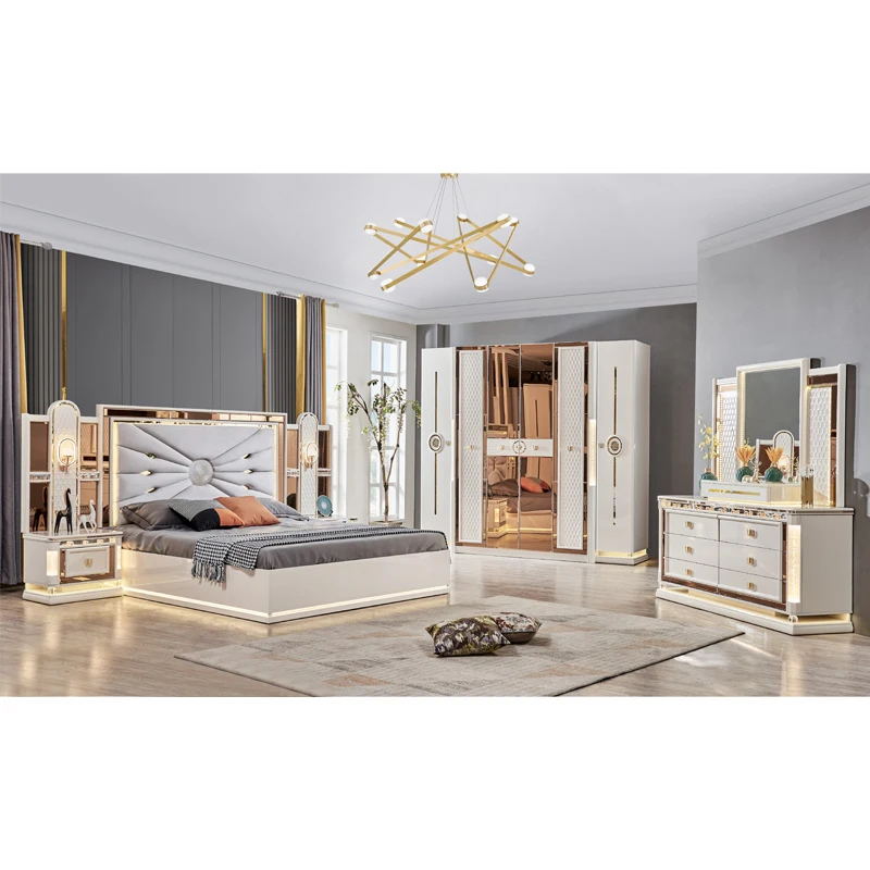 Royal Style Wood Frame Leather Double  King Size Bed Home Gold Wooden MDF Luxury Full Bedroom Furniture Set