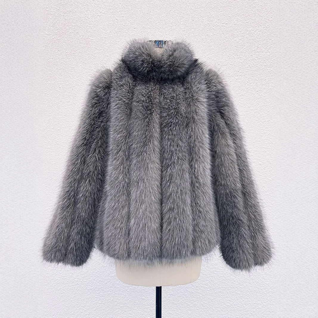 

KIDCRKJ зимняя женская шуба из искусственного меха, серая женская куртка с пушистым воротником из искусственного меха, короткая верхняя одежда из эко-меха с напуском для женщин