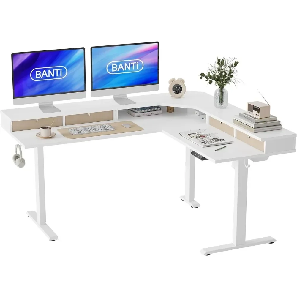 63" L-Shaped Electric Standing Desk,Height Adjustable Stand up Desk with 3 Drawer,Corner Stand up Desk, White Top