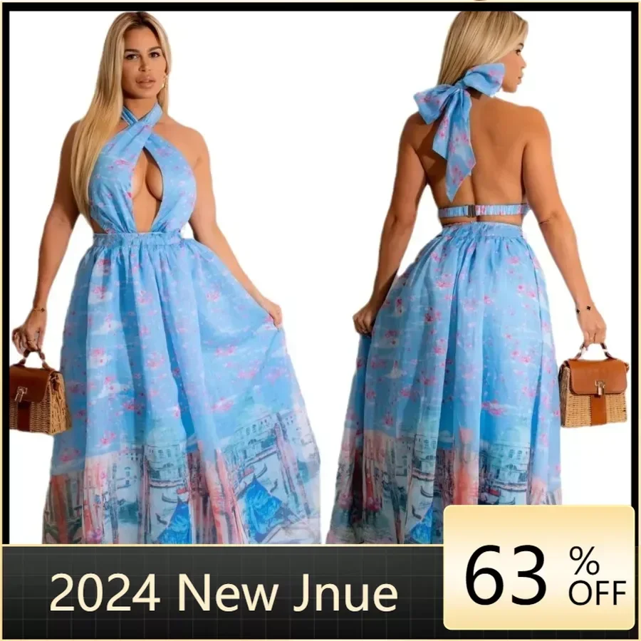 2024temu New Europe, America and Africa Fashion Printed Chiffon Backless Sexy Dress L2430