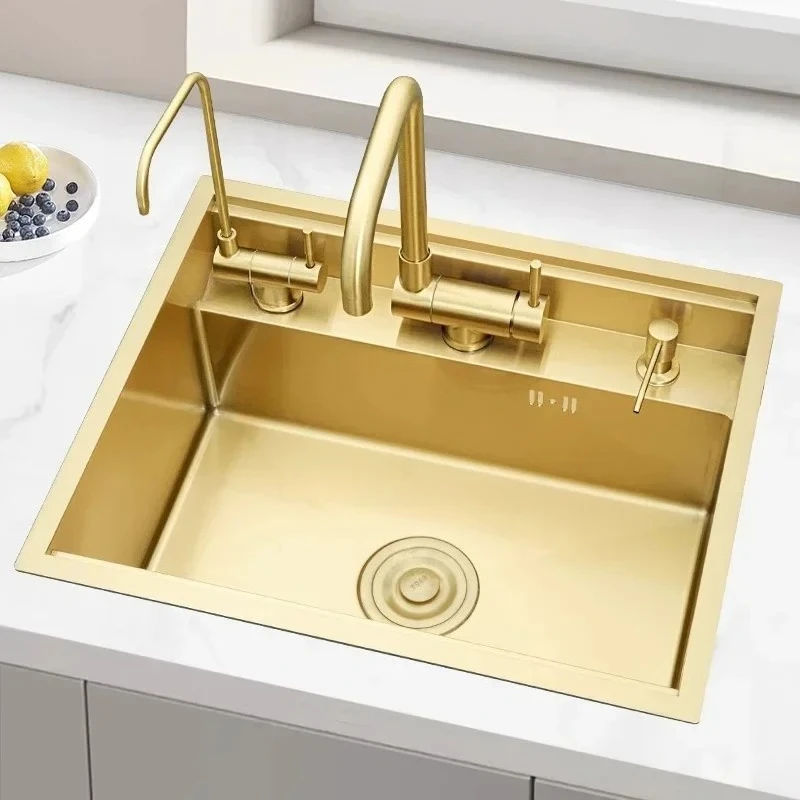 

Gold Nano Stainless Steel Sink Handmade Kitchen Bar Counter Sink with Cover Hidden Single Wash Basin Small Size Kitchen Sink