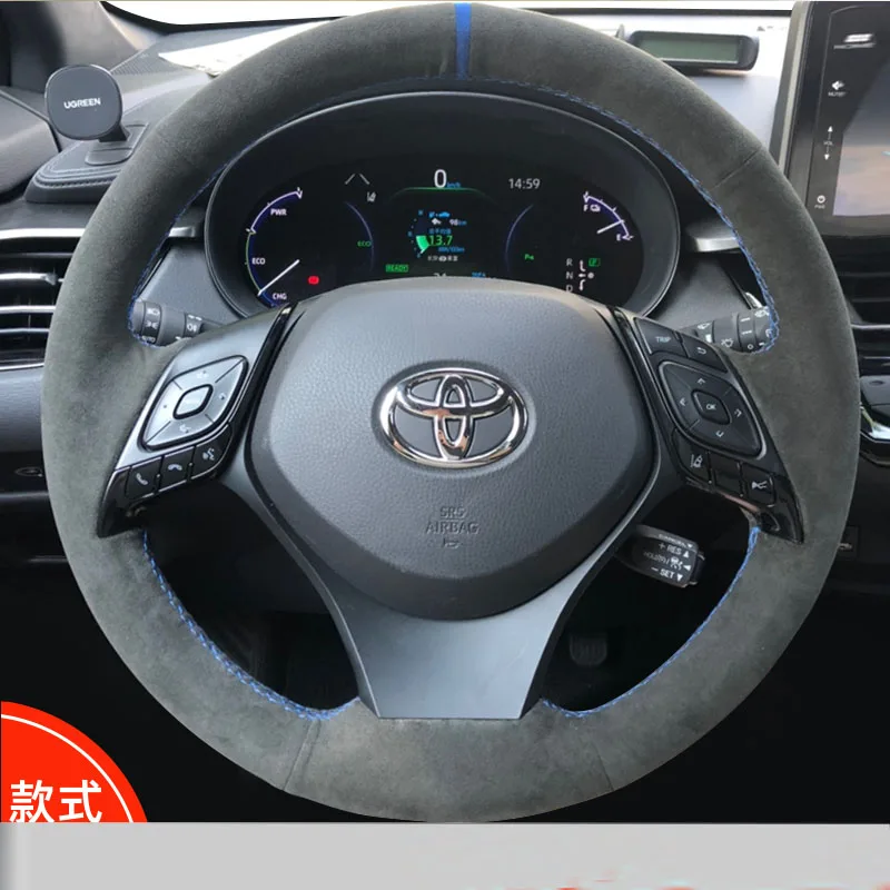 

For Toyota C-HR CHR 2016-2019 Izoa 2018 2019 Hand-stitched black genuine leather Suede Non-Slip Car Steering Wheel Cover