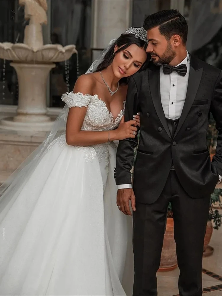 Vestidos De Novia De sirena De lujo, apliques De tren desmontables, hombros descubiertos, cordones en la espalda Aso Ebi, Vestido De Novia