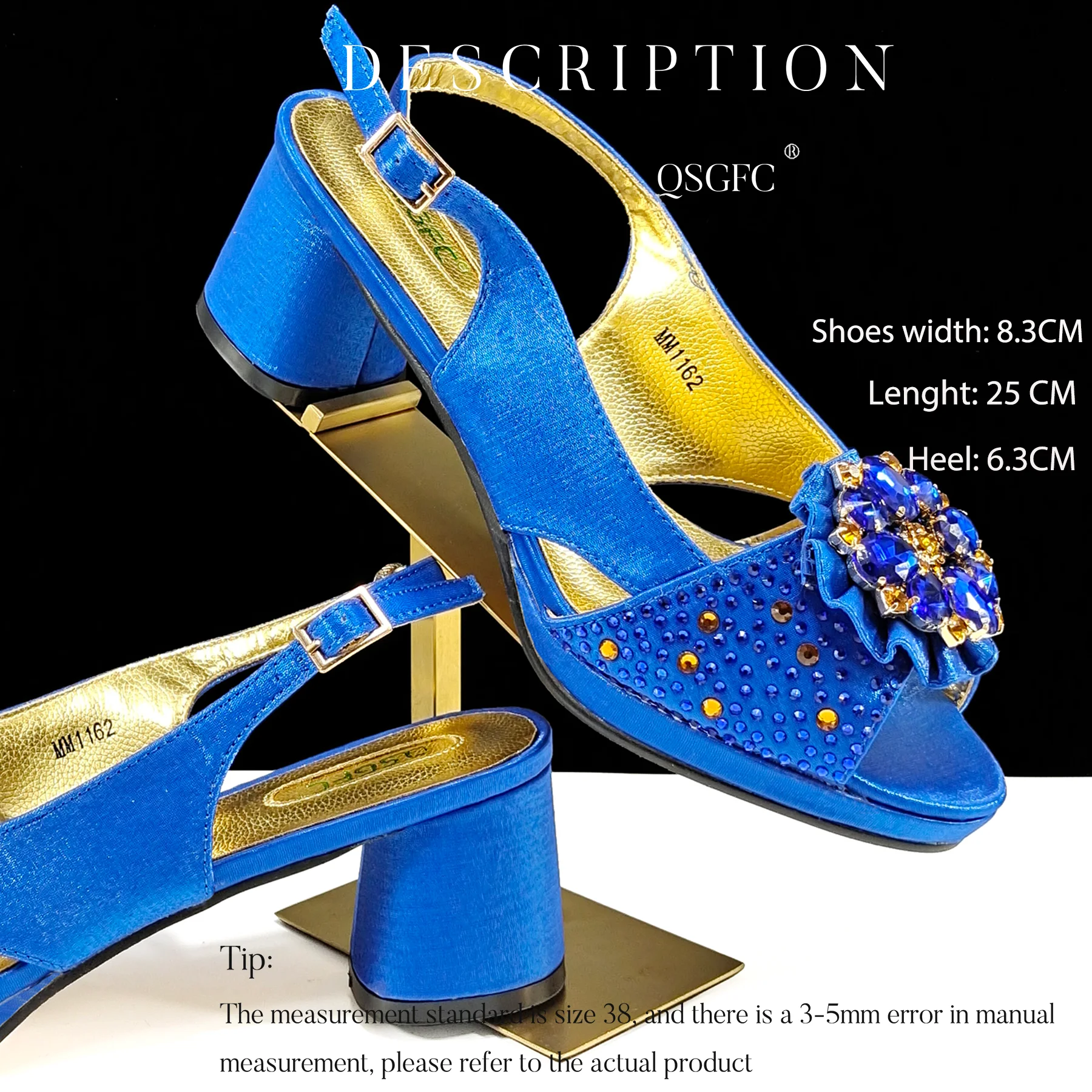 QSGFC Nigerian Women Heel Party Shoes and Bag Set Royal Blue Colour Rhinestone Handbag Italian Design Wedding INS 2024