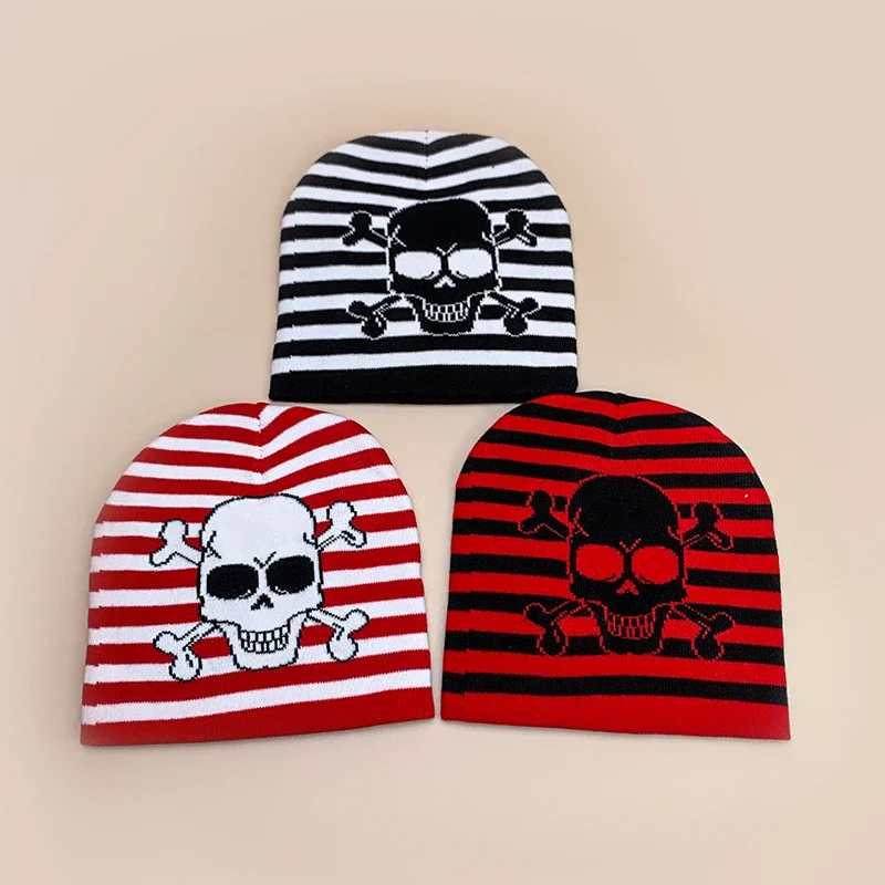 Skull Stripe Wool Knitted Hats Autumn and Winter New Hip Hop Color Block Warm Personal Fashion Street Comfortable Versatile INS