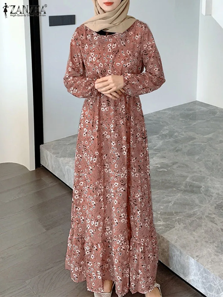 

ZANZEA Elegant Floral Printed Muslim Sundress Woman Long Sleeve O-Neck Dress Vintage Party Vestidos Casual Islamic Clothing