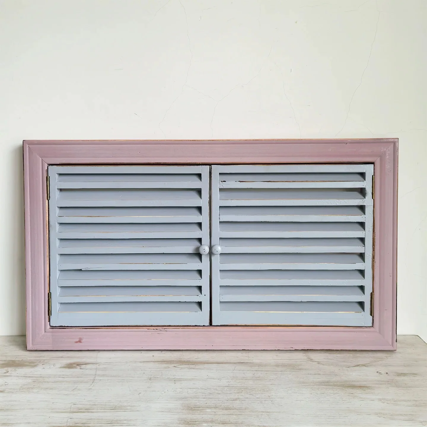 

Rustic Wood Decorative Wall Mounted Shutter Window, Pink and Blue Distressed Finish, Farmhouse Style Home Decor
