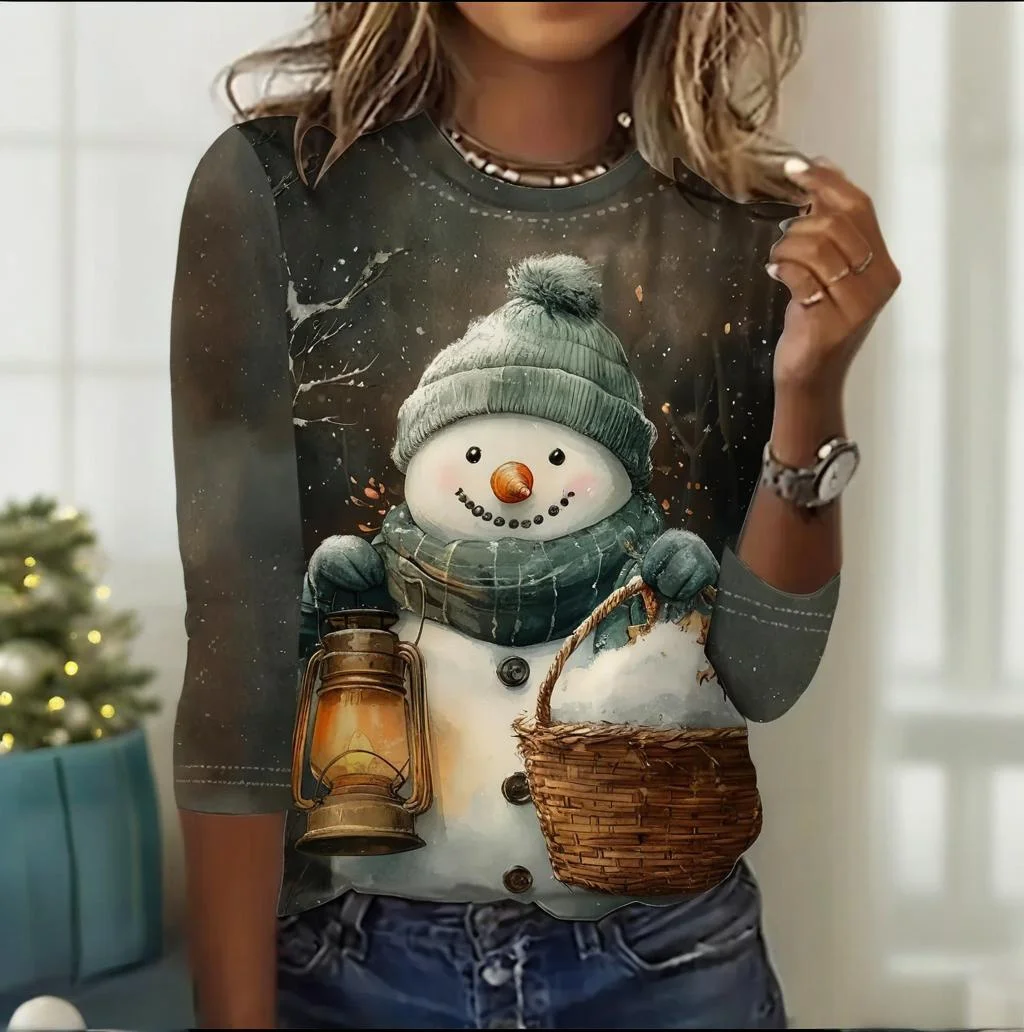 Funny Santa Print Tops Women\'s Long Sleeve T-Shirt Casual Holiday 2024 New Fashion Clothing Snowman Loose Christmas Day Clothing