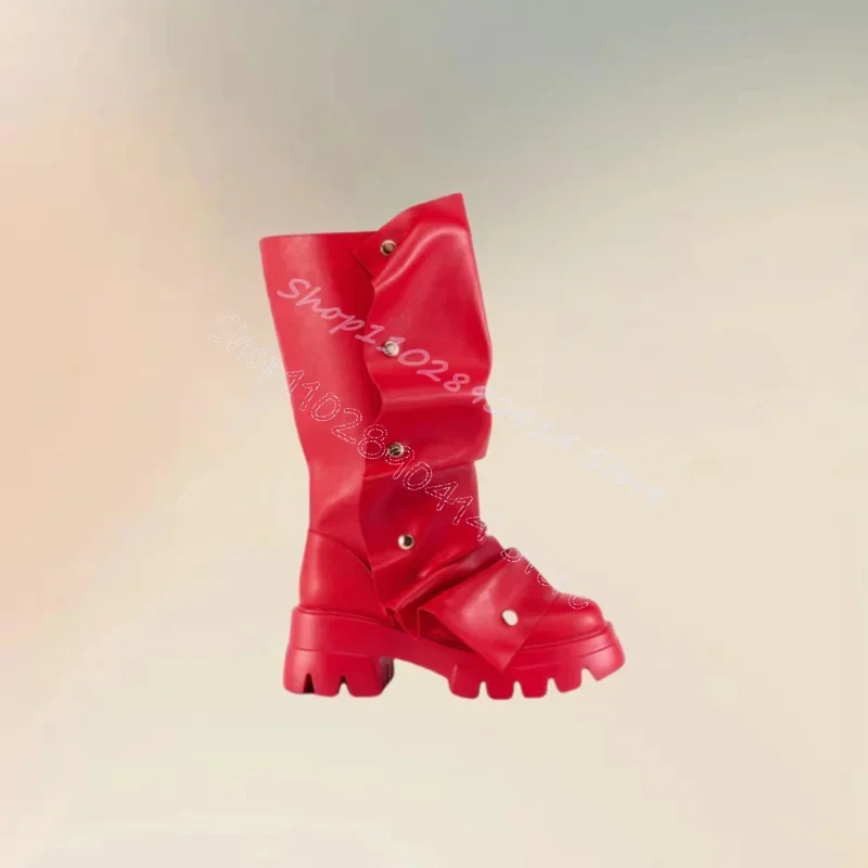 赤いプリーツデザインの波模様ボトムリベットブーツ、スリッポン、レディースシューズ、チャンキーヒール、セクシー、パーティー、宴会、2024、女性用靴