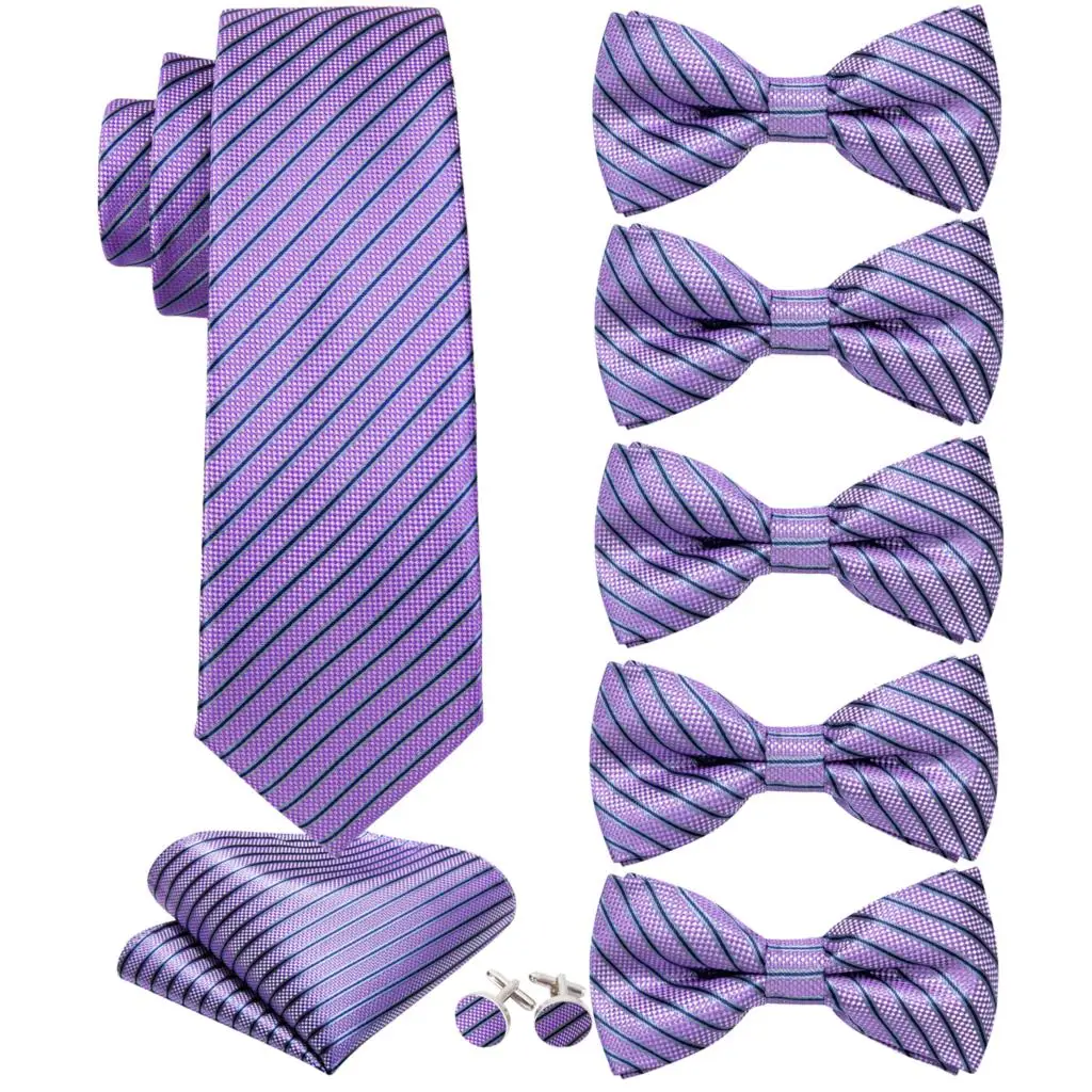 

Barry.Wang Silk Wedding Set for Men One Tie 5 Bowties with Hanckerchief Cufflinks Purple Striped Jacquard Necktie Bow Tie Events