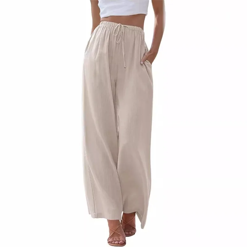 

Women's New Linen Summer Drawstring Wide Leg Pants Beach Belt Pocket Pants