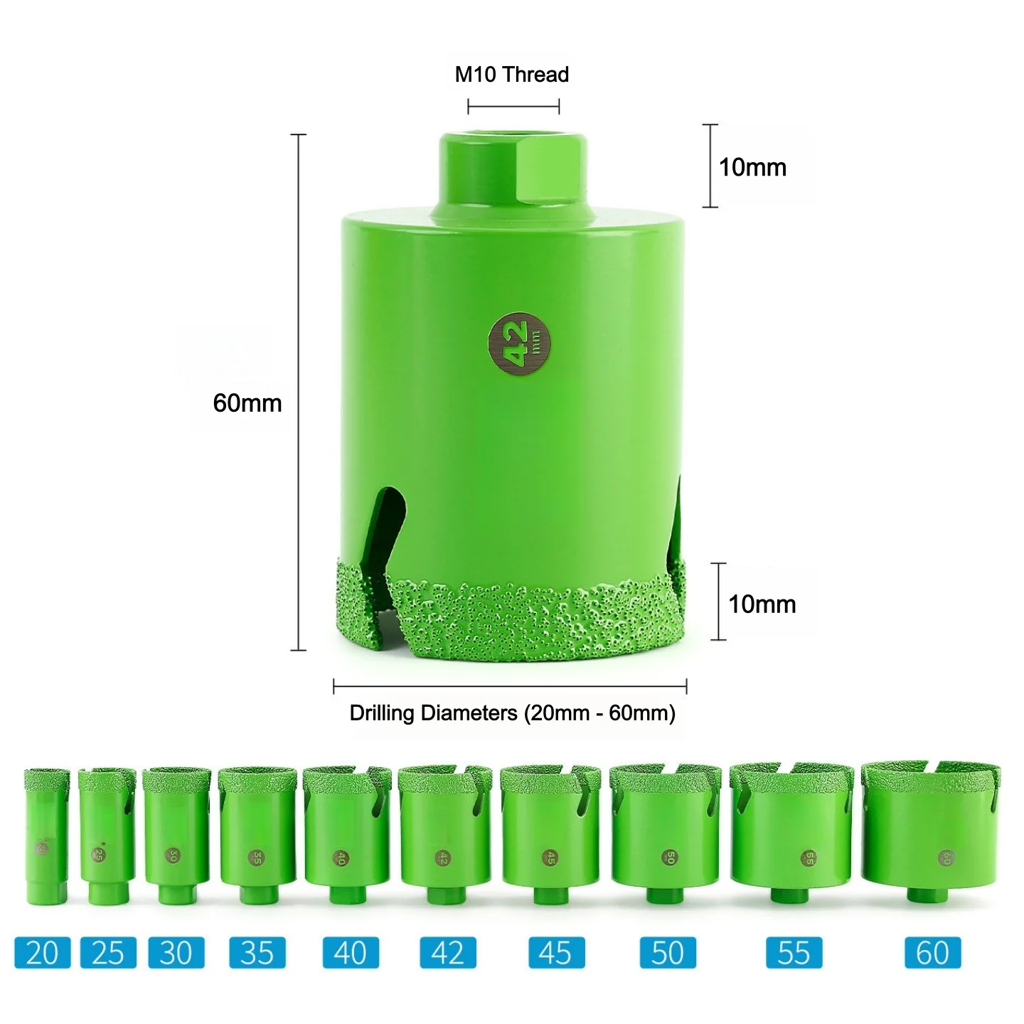 1PC 20-60mm Diamond Drilling Core Bits M10 Thread Sharp Drill Bit for Porcelain Tile Marble Quartz Stone Masonry Dry Hole Saw