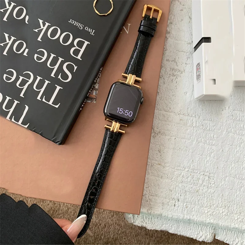 Luxury Slim Leather Bracelet For iWatch Series 9 8 7 6 5 4 3 SE Women Metal Strap For Apple Watch Band 44mm 41mm 45mm 40mm 49mm