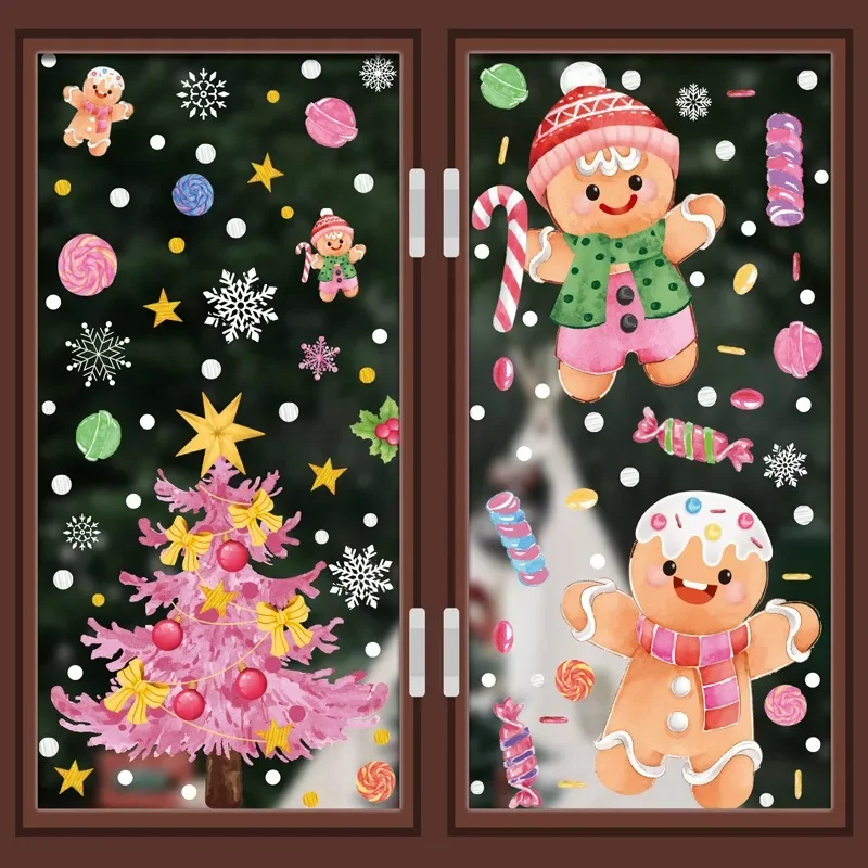 Pink Santa Claus Christmas Stickers Cartoon Snowman Gingerbread Man Window Stickers 2024 Xmas Tree House Static Mirror Sticker