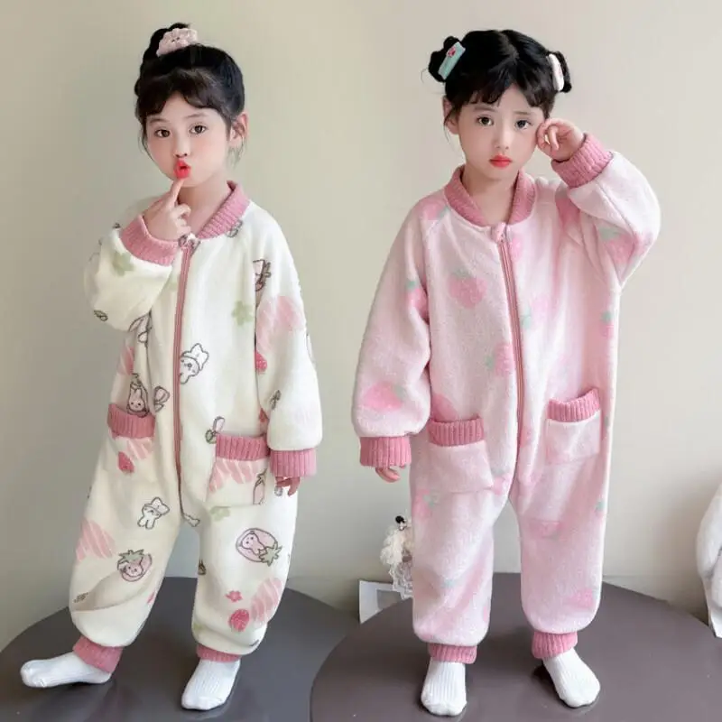 

Onesie Pajamas Girls' Autumn Winter Flannel Homewear Cartoon Pajama Set Comfortable Loungewear Warmth Children Clothing Pj Set
