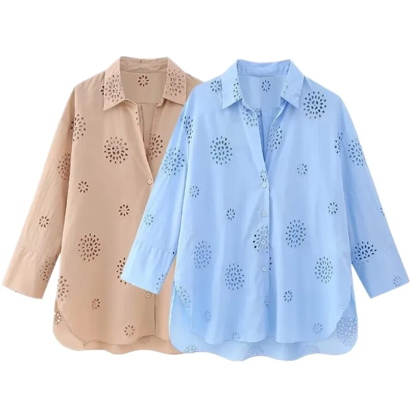 เสื้อผู้หญิงทรงหลวมอเนกประสงค์ ปักลายฉลุ ดีไซน์ใหม่สำหรับฤดูใบไม้ร่วง สไตล์เรียบหรู สีพื้น เหมาะสำหรับใส่ทำงาน แขนยาว แต่งกระดุม